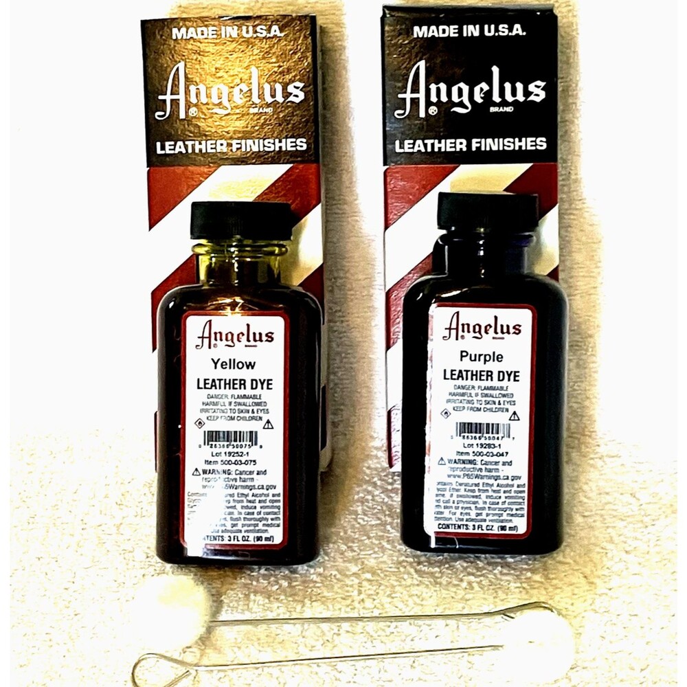 Angelus Leather Dye (2) NEW Yellow + Purple 3 Oz Applicators Shoe Craft Purse